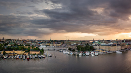 Fototapeta na wymiar Stormy clouds over Stockholm at sunset