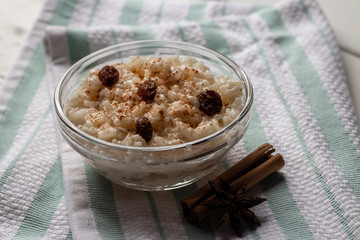 Peruvian rice with milk dessert with cinnamon, Traditional sweet food.  Arroz con leche.