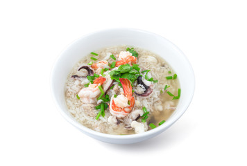 Rice porridge with  seafood isolated on white background with clipping path