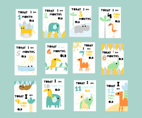 Set of cute monthly cards for baby with jungle animals. Vector hand drawn illustration.