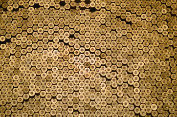 Pattern of 12 gauge cartridges for shotgun bullets. Shells for hunting rifle close up. Backdrop for...