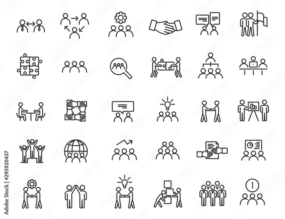 Poster set of linear teamwork icons. communication icons in simple design. vector illustration