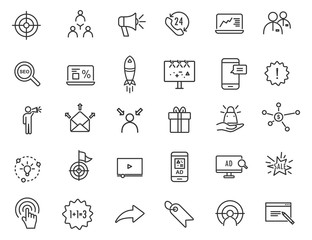 Set of linear advertising icons. Marketing icons in simple design. Vector illustration