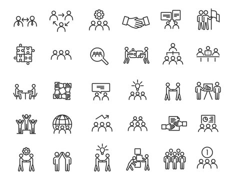 Set of linear teamwork icons. Communication icons in simple design. Vector illustration