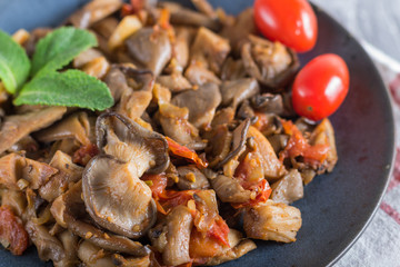 Fried oyster mushrooms with tomatoes on gray concrete background. side view.