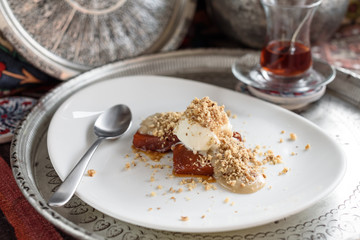 Turkish Pumpkin Dessert with Tahini, Ice Cream and Walnut, Tahinli Kabak Tatlisi.