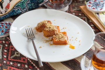 Turkish Pumpkin Dessert with Sesame Paste Tahini and Walnut, Tahinli Kabak Tatlisi.