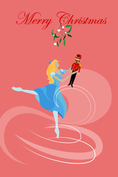 christmas card, ballet nutcracker, ballet dancer holding in her hands toy nutcracker  uder mistletoe