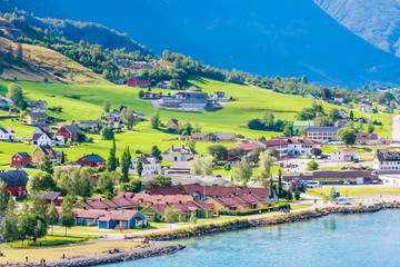 Small  houses at Olden, Norway.Olden is a village and urban area in the municipality of Stryn in...