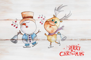 Christmas card depicting a reindeer and a snowman with bells on a wooden rustic background