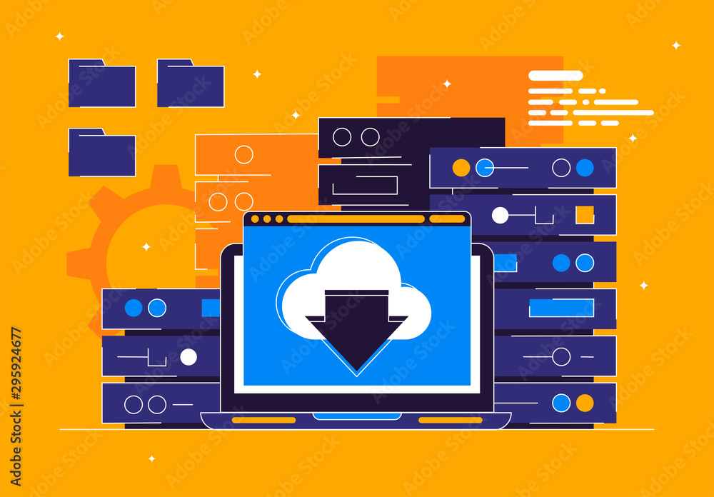 Poster vector illustration of a data center with a database, a server for storing information, a laptop wit