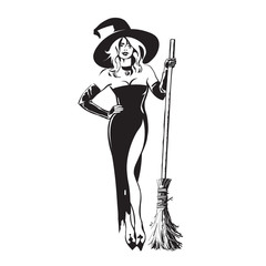 Halloween beautiful sexy witch holding broomstick in sketch style. Pretty young woman in witches hat and black dress with magic broom. Hand drawn vector illustration.