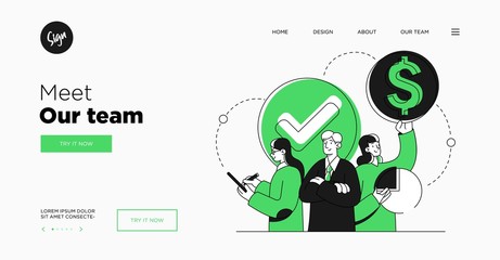 Presentation slide template or landing page website design. Business concept illustrations. Modern flat outline style. Teamwork concept
