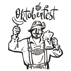 Oktoberfest lettering above heerful Bavarian man with beer mug and sausage. October fest beer emblem. Hand drawn vintage vector illustration.