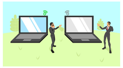 illustration of two men standing holding cellphones. man stands between hyperbole big laptops. laptop signal interruption interrupted. wireless communication is lost.