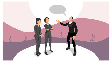 illustration stands a man in dialogue with two women. three people are arguing. speech buble visual communication template. the concept of three people discuss ideas.