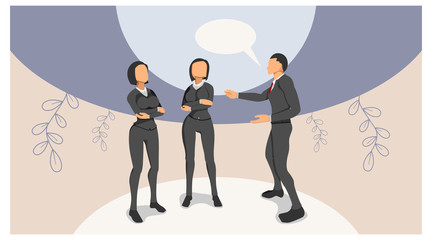 Fototapeta premium illustration stands a man in dialogue with two women. three people are arguing. speech buble visual communication template. the concept of three people discuss ideas.