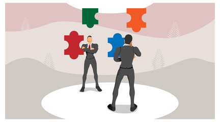 two men stood thinking about the puzzle. illustration of though mind determines vision. collide ideas, arrange puzzles. two men playing four puzzle pieces.