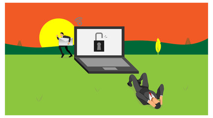laptop owner dizzy because the security of his laptop has been burglarized by other people. illustration of laptop security that is vulnerable to password hacking.