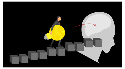 illustration of a man changing a new bulb. up the steps to the top of the thinking brain. the bulb that dies is replaced with a new lighted bulb. walk up the stairs with a light bulb on.