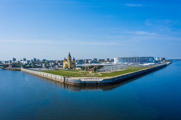 Aerial View of Alexander Nevsky Cathedral and a sports stadium in Nizhny Novgorod, vintage...