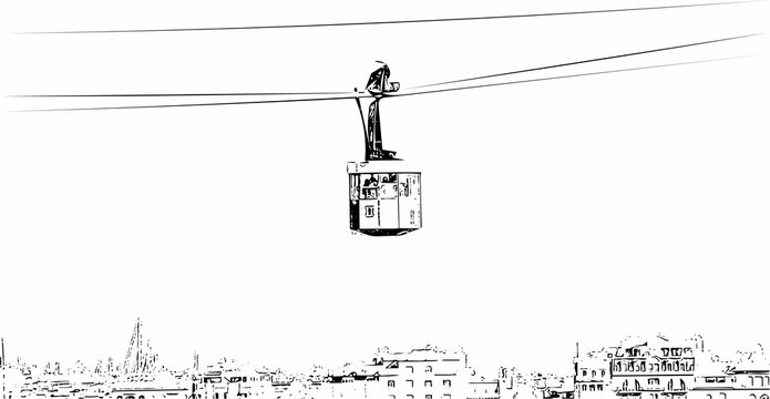 Artfully and ornate image of a ropeway in black and white colors optics