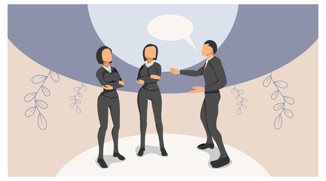illustration stands a man in dialogue with two women. three people are arguing. speech buble visual communication template. the concept of three people discuss ideas.