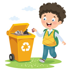 Kid Throwing Garbage In Trash Bin