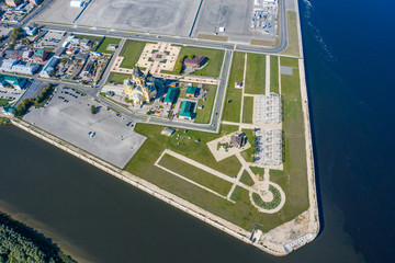 Aerial View of Alexander Nevsky Cathedral and a sports stadium in Nizhny Novgorod, vintage warehouses 