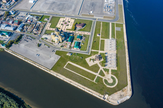 Aerial View of Alexander Nevsky Cathedral and a sports stadium in Nizhny Novgorod, vintage warehouses 