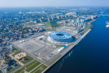 Aerial View of Alexander Nevsky Cathedral and a sports stadium in Nizhny Novgorod, vintage warehouses 
