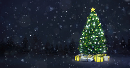 Decorated Christmas tree in winter snowy forest at night snowfall 3D illustration