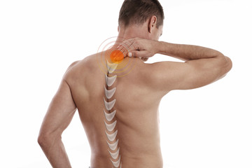 Man suffering from back and neck pain. Muscle spasm, .Chiropractic concept. Sport exercising injury