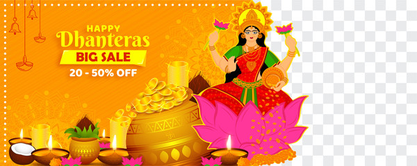 illustration of Goddess Lakshmi on Dhanteras & Diwali background for light festival of India with text on sale big sale 50% off.