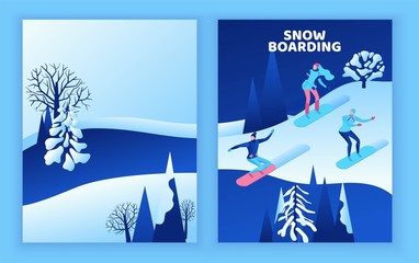 Obraz na płótnie Canvas Snowboard greeting card, isometric people set , 3d winter vector sport man snowboarding, woman riding on mountain, simple outdoor snow games, cartoon characters, modern minimal design