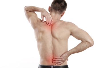 Man suffering from back and neck pain. Muscle spasm, .Chiropractic concept. Sport exercising injury