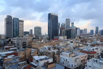 Skyline panorama of city Tel Aviv with urban skyscrapers in the evening, Israel