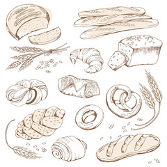 Set of different bread, outline baguette, loaf, bread, sweet rolls, wheat for the menu, bakery, cafe.
