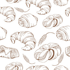 Bread vector hand drawn set illustration in graphic style. Seamless pattern with sweet bread and croissants.