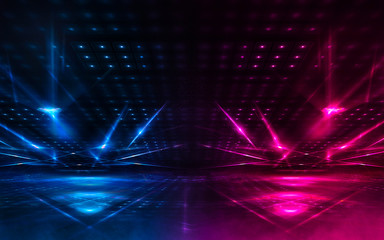 Obraz premium Dark empty scene, blue and pink neon light, spotlight, smoke, night view, rays. Night view. Dark futuristic neon background