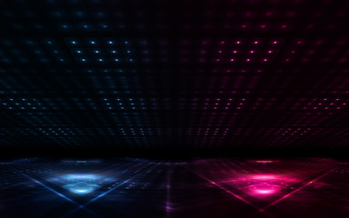 Dark empty scene, blue and pink neon light, spotlight, smoke, night view, rays. Night view. Dark futuristic neon background