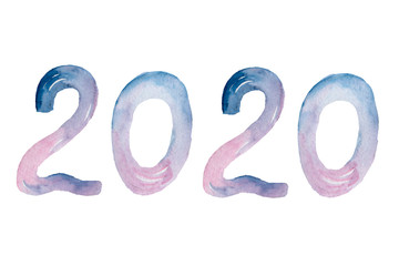   2020 watercolor New Year sign on white background. New Year illustration.
