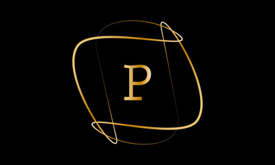 Typographical logo with a large letter P. The emblem with decorative vortices in metallic color is isolated on a black background. Vector illustration.