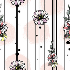 Seamless pattern of flowers, leaves, hand-drawn, cute background for fabrics, clothes, wrapping paper, greeting card.