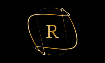 Typographical logo with a large letter R. The emblem with decorative vortices in metallic color is isolated on a black background. Vector illustration.