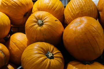 Group of beautiful orange pumpkins close-up in a crate in a market.