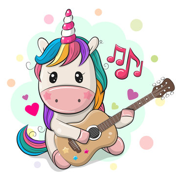 Cartoon Unicorn with colorful hair is playing guitar
