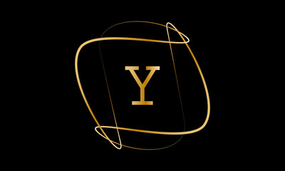 Typographical logo with a large letter Y. The emblem with decorative vortices in metallic color is isolated on a black background. Vector illustration.