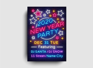 2020 Happy New Year Party Poster Neon Vector. 2020 New Year Design template for Seasonal Flyers and Greetings Card or Christmas themed invitations. Light Banner. Vector Illustration