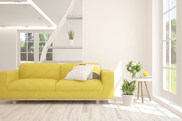 Stylish room in white color with sofa. Scandinavian interior design. 3D illustration